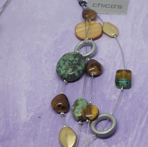 Chico's Multi Strand Silver Tone Brown & Green Beaded Necklace - Picture 4 of 7